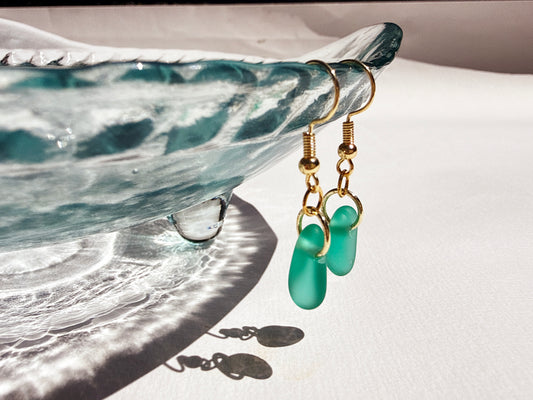 Teal Sea-Glass and Gold Earrings | Handmade and Unique